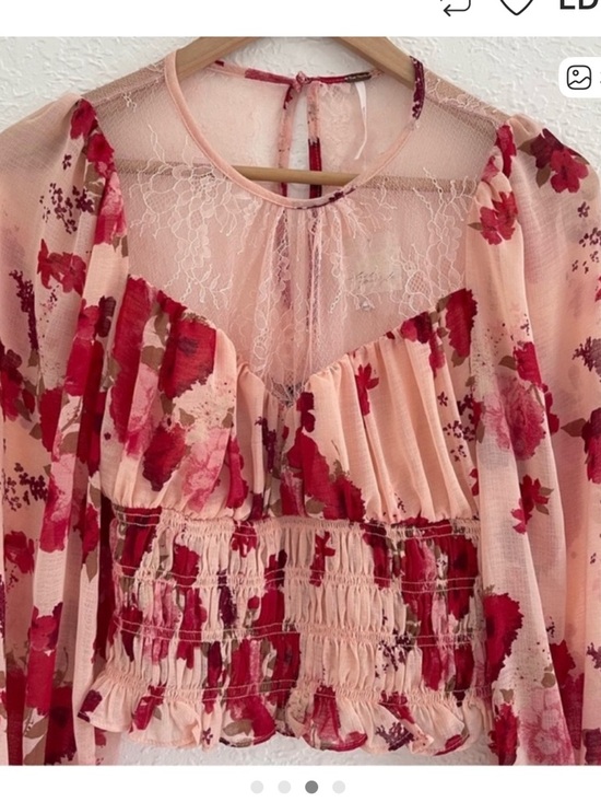Free People Daphne Pink and Red Floral Smocked Lace Blouse - Picture 2 of 2